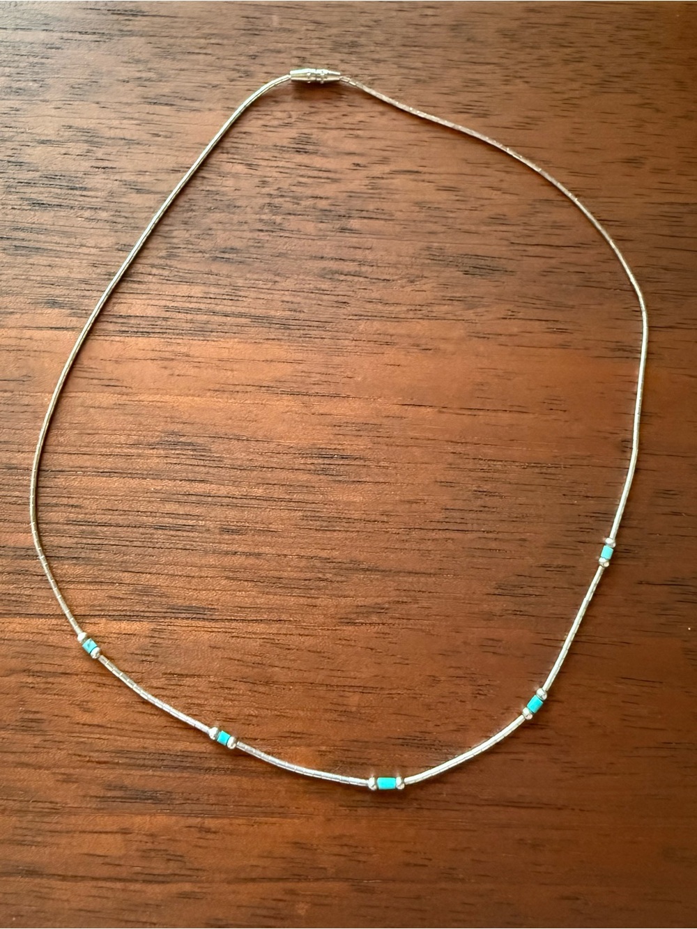 Delicate Liquid Silver Necklace with Turquoise Bead Accents ( Approximately 16”)